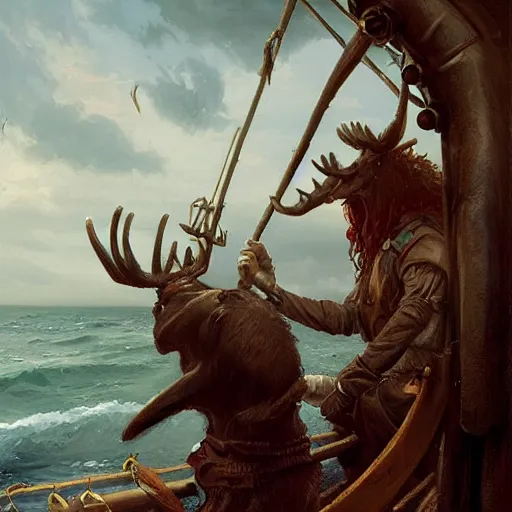 Image similar to anthropomorphic moose pirate humanoid by greg rutkowski, pirate ship, sea, fantasy