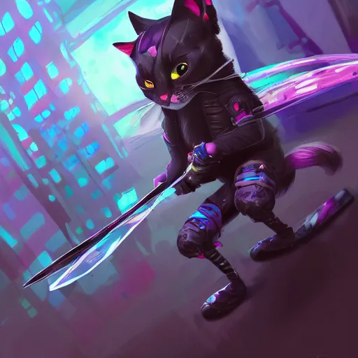 Prompt: cute angry ninja cyberpunk cat fighting with a lase sword, artstation, highly detailed, colorfull, digital painting, deep focus, sharp, smooth, rossdraws