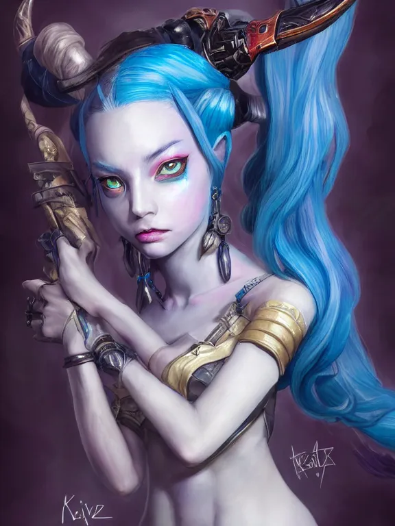 Image similar to a League of Legends FAN ART of JINX , blue hair, long pigtail, crazy,neuroticism,intricate, elegant, highly detailed, digital painting, concept art, smooth, sharp focus, illustration, by travis charesyt, michael kaluta, michael whelan and bill sienkiewicz, dark sci-fantasy,,artstation,deviantart,Unreal Engine,face enhance,8K,golden ratio,cinematic lighting