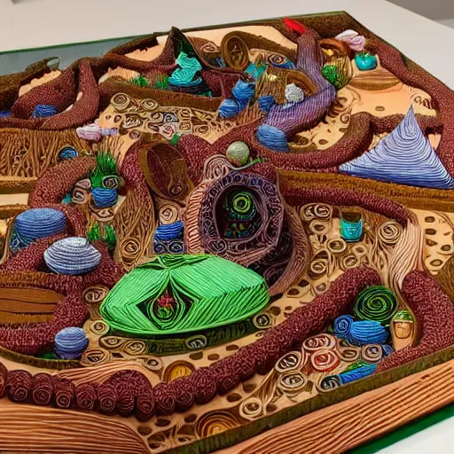 Image similar to paper quilling, art in the style of Moebius and Mohrbacher, a village created out of candy with a river of chocolate, intricately detailed