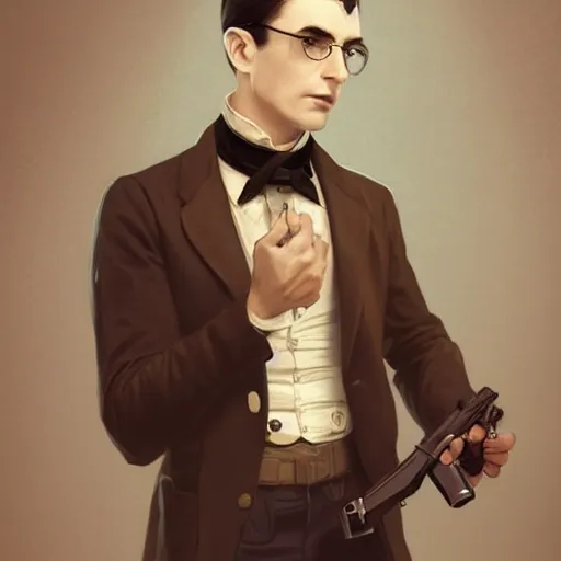 Image similar to a victorian doctor with a gun, young man, clean shaven, pale skin, vampire, dark brown duster, short brown hair, brooding, character art, full body art, Dungeons and Dragons, D&D, trending on artstation, artgerm, 4k ultra hd, sharp focus, digital art by Ilya Kuvshinov and Ross Tran,