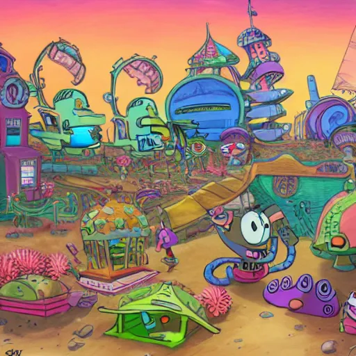 Image similar to bikini bottom drawn by stephen hillenburg, dynamic lighting, fantasy concept art, trending on art station, stunning visuals, creative, cinematic, ultra detailed