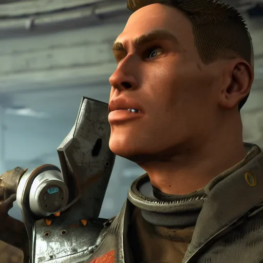 Image similar to jerma985 in fallout, close-up, tight shot, portrait, unreal engine, in game screenshot, high definition, detailed