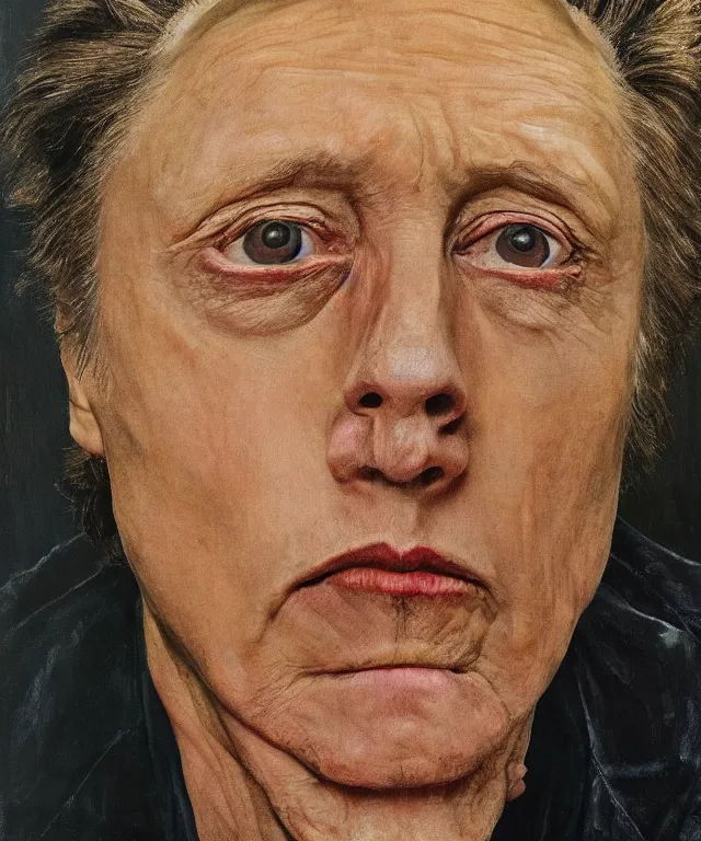 Prompt: photograph of christopher walken, enlarged facial features, by lucian freud, extra photorealistic details, ultra high quality, trending on pinteresst