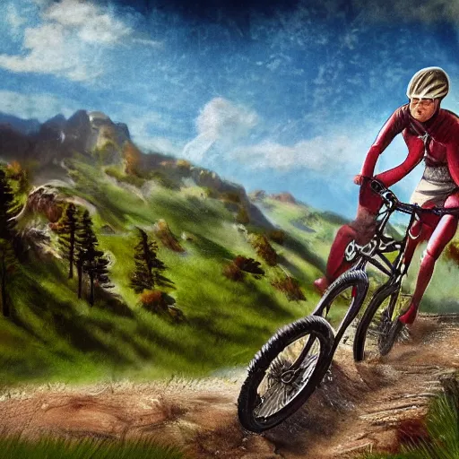 Image similar to a medieval knight riding a mountain bike in photorealistic style