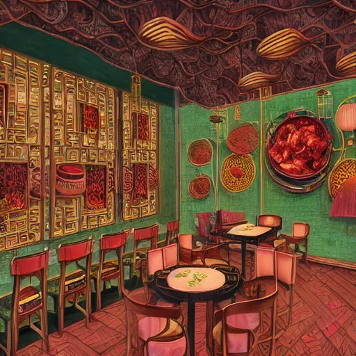 Image similar to a beautiful hyperdetailed interior 4 k hd wallpaper illustration of roasted string hotpot restaurant restaurant yan'an, wall painting, from china, with merchant logo, fine delicate structure, surrealistic, chinese style, victo ngai