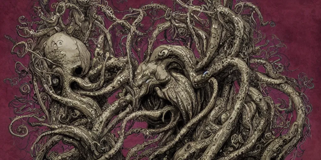 Image similar to centered horrifying detailed side view profile portrait of a insane, crazed, mad old bald zombie, cthulhu, eldritch abomination, dunwitch horror, ornate tentacles growing around, ornamentation, thorns, vines, tentacles, elegant, beautifully soft lit, full frame, 8 k by wayne barlowe, peter mohrbacher, kelly mckernan, h r giger