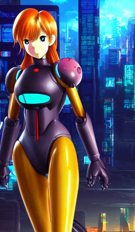 Image similar to anime fine details portrait of Samus in front of cyberpunk moder city landscape on the background deep bokeh, close-up view, anime masterpiece by Studio Ghibli. 8k, sharp high quality anime, artstation