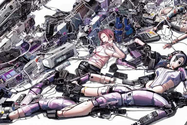 Image similar to a cyberpunk illustration of a group of coherent female androids in style of masamune shirow, lying on an empty, white floor with their bodies broken scattered rotated in different poses and cables and wires coming out, by yukito kishiro and katsuhiro otomo, hyper-detailed, intricate