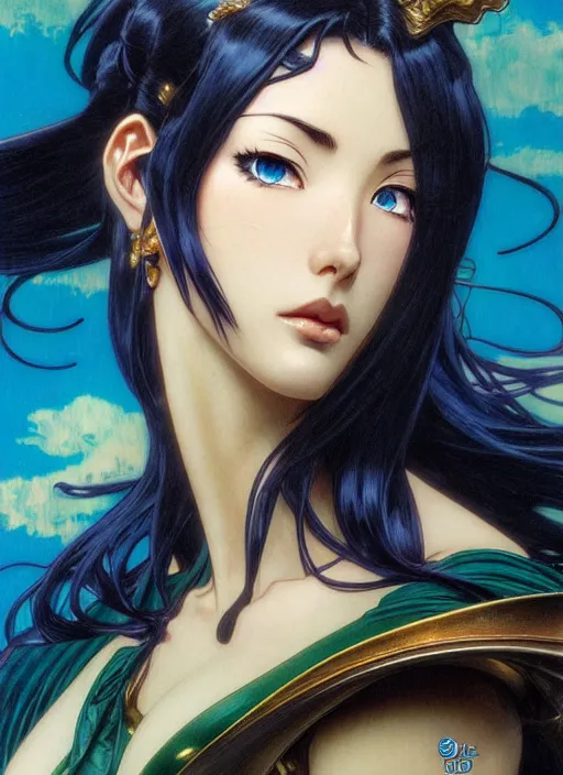 Image similar to highly detailed vfx portrait of nico robin by eiichiro oda!, makoto shinkai, alphonse mucha, masterpriece, art by artgerm and greg rutkowski!, blue eyes!!, large aquiline nose!!, gaston bussiere, stanley kubrick, kaoru mori, intricately detailed, behance, 4 k, hdr