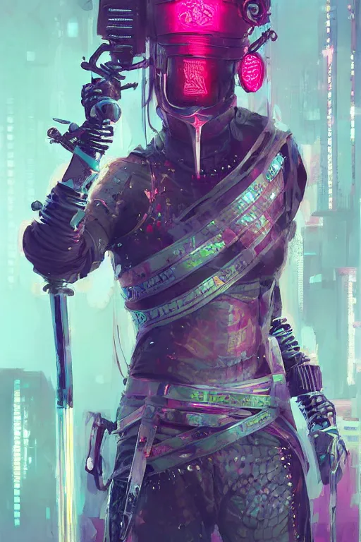 Image similar to a janissary, cyberpunk futuristic neon. fencing, long sword in her hand, decorated with traditional japanese ornaments by ismail inceoglu dragan bibin hans thoma greg rutkowski alexandros pyromallis nekro rene maritte illustrated, perfect face, fine details, realistic shaded, fine - face, pretty face, masterpiece