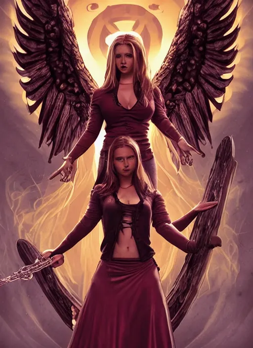 Prompt: Buffy the vampire slayer character angel as a half-muscular half-blood angel with a big cross pendant and religious tattoos on chest and neck, stained and bleeding, magic overlays, magic flames, open portal with runes in the background, romance book cover style, D&D illustration style, (octane render) fantasy style, sharp focus, ultra detailed, art by Artgerm and Peter Andrew Jones, Ayami Kojima, Amano and Olivier Ledroit