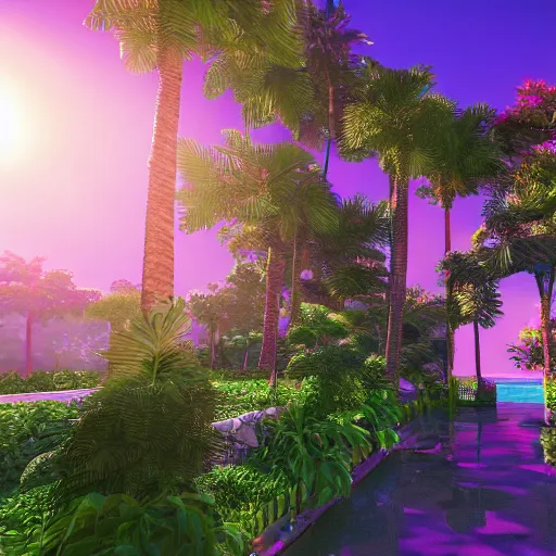 Prompt: vaporwave oasis, high detail, rendered in unreal engine, 3d render, god rays, volumetric lighting, award winning, vegetation