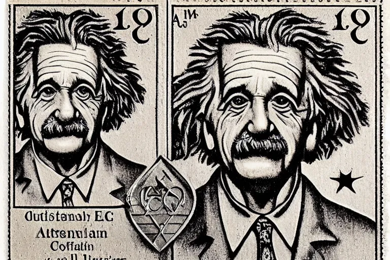 Prompt: goofy engraved portrait of albert einstein sticking tongue out, detailed!!! duotone engraving in the style of a postage stamp, freemason symbol, fine!!! lines, engraved by m. c. escher