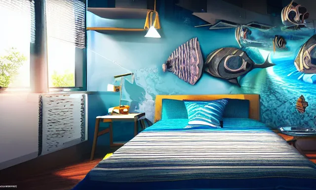 Image similar to a futuristic bedroom deep under the sea, photorealistic magazine picture, studio lighting, cozy, extremely detailed and realistic