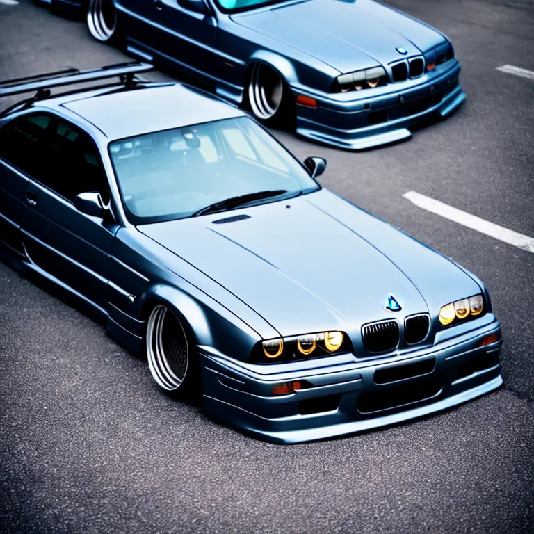 Prompt: close-up-photo BMW E36 turbo illegal meet, work-wheels, Gunma prefecture, rooftop carpark, cinematic color, photorealistic, high detailed deep dish wheels, highly detailed, custom headlights, neon underlighting