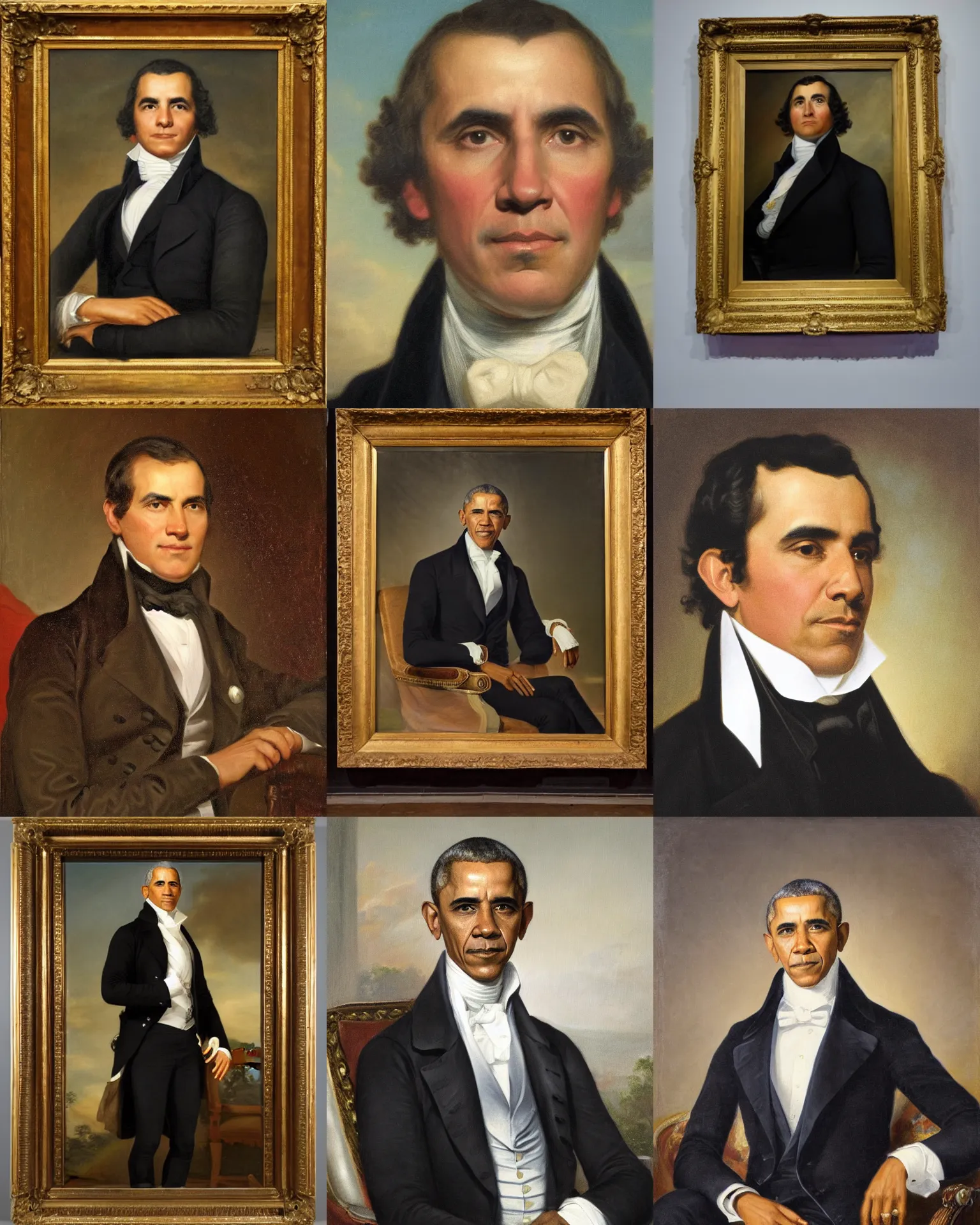 Prompt: Barack Obama, 6th President of the United States, 1825-1829, Portrait by George Peter Alexander Healy in 1858. Oil on canvas, 62 x 47 inches, White House Collection/White House Historical Association