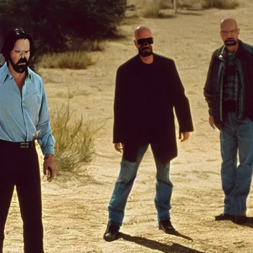 Prompt: A photo of Keanu Reeves having a standoff with Walter White in Breaking Bad, 8K concept art, shot on Kodak Ektar