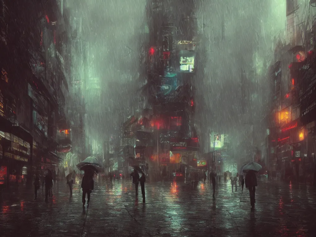 Prompt: Rainy atmosphere with people wearing umbrellas, cinematic, volumetric lighting, dramatic colors, hdr, photorealistic, trending on artstation, centered, intricate details, 4k, high-detail, high contrast, cyberpunk style, 8k