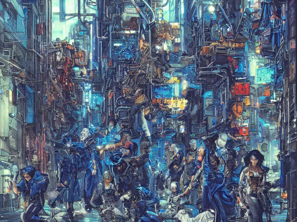 Prompt: a cyberpunk gang in the alleyway between art deco buildings, graffiti, fine detail, intricate, polished, blue color scheme, digital art, illustration, by john smith and noriyoshi ohrai