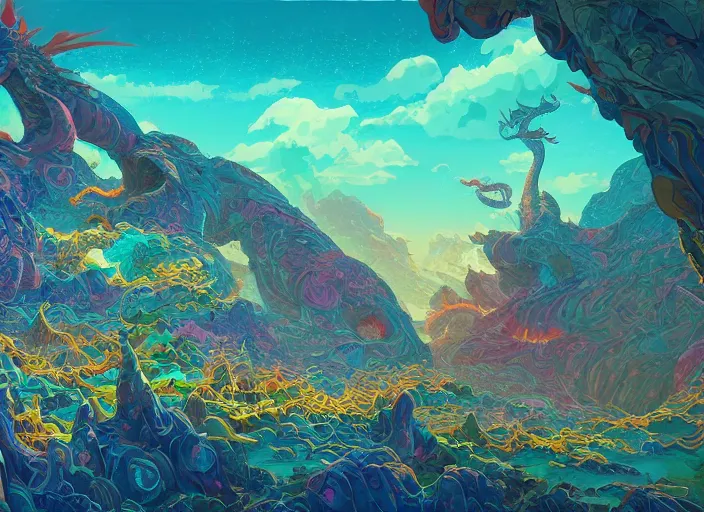 Prompt: psychedelic concept art painting of a dragon landscape made of thousands of dragons, cel shaded, in the style of makoto shinkai and moebius and peter mohrbacher and anton fadeev