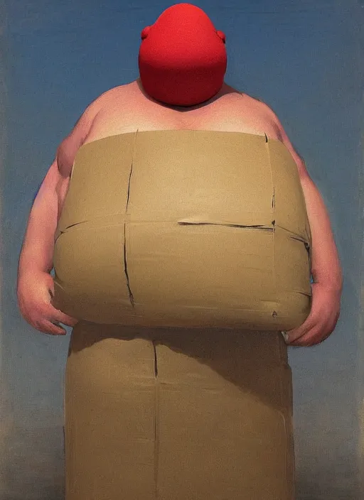 Image similar to large fat man in dress made from plastic bag with paper bags for clothes standing inside paper bags with paper bag over the head at store display Edward Hopper and James Gilleard, Zdzislaw Beksinski, highly detailed