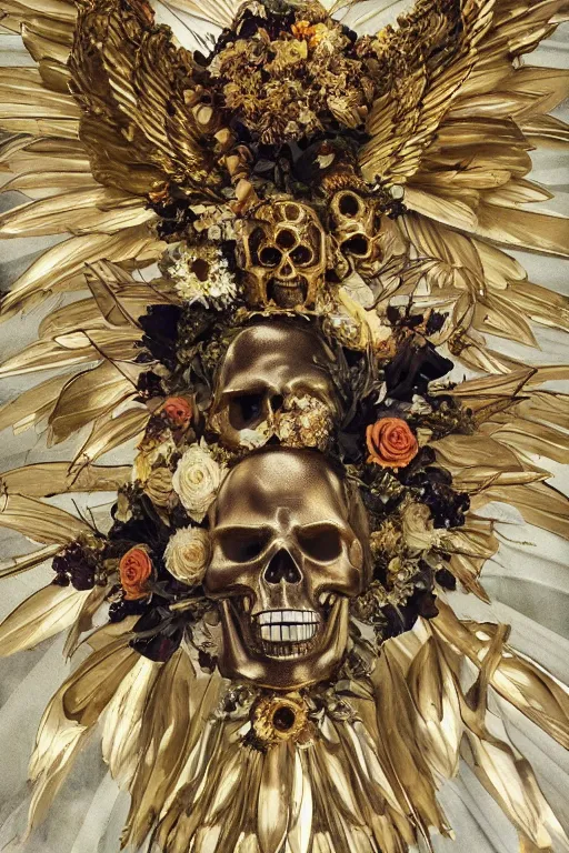 Prompt: A flying icarus reaching for the golden sun with a skull mask and golden wings as a Greek sculpture, quartz crystal skull, wreath of flowers and abstract eyes, bouquet of bones, many large flying monster eyes, silk, fabric, birds, flowers. baroque elements, human skull. full-length view. baroque element. intricate artwork by caravaggio. many many birds birds on background. Trending on artstation. halo. octane render, cinematic, hyper realism, octane render, 8k, depth of field, 3D