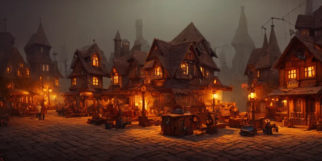 Image similar to a small steampunk wooden village, rich, soft colours, natural, steam, big clocks, concept art, octane render, unreal engine, in the style of luca guadagnino, highly detailed, high quality, artstation, digital art, 8 k hdr, cinematic, dramatic lighting, scenic, rich colour scheme