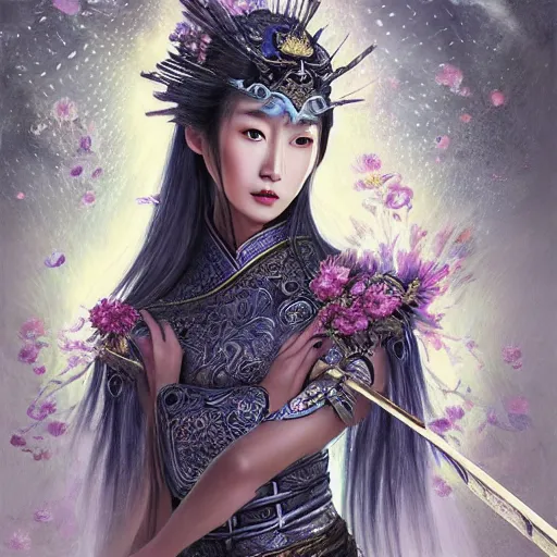 Image similar to beautiful ancient fantasy portrait of wuxia armor heroine, wearing Xian Xia wardrobe, in forbidden City, hybrid from Dynasty Warriror, flowers sea rainning everywhere, intricate, very very beautiful, elegant, highly detailed, digital painting, beautiful glowing galaxy eyes, human anatomy, hyperrealistic, soft light, dynamic, artbreeder, artstation, fantasy concept art, smooth, sharp focus, illustration, art by alphonse mucha and tian zi and WLOP