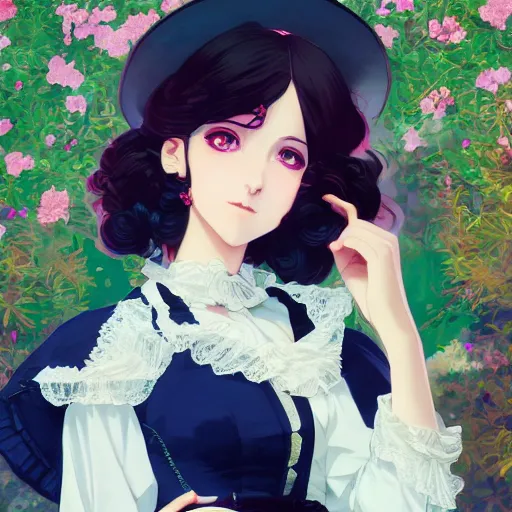 Prompt: portrait of a beautiful girl with dark hair dressed in victorian fashion, royal garden background, rich vivid colors, ambient lighting, dynamic lighting, 4k, official media, anime key visual, makoto shinkai, ilya kuvshinov, rossdraws, detailed, trending on artstation