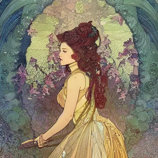 Image similar to a beautiful intricate watercolor illustration of a princess with birds 4 k, ultra - wide angle, by william turner, by victo ngai, by alphonse mucha, by moebius, by gustave dore, hd, trending on artstation, hyper detailed, muted intense colors