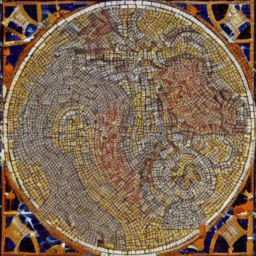 Prompt: medium shot Mosaic depicting D&D map, from Italica, AD 176-275. Archaeological Museum, Seville. Byzantine mosaics, highly detailed, HQ, HD, beautiful, National Geographic,