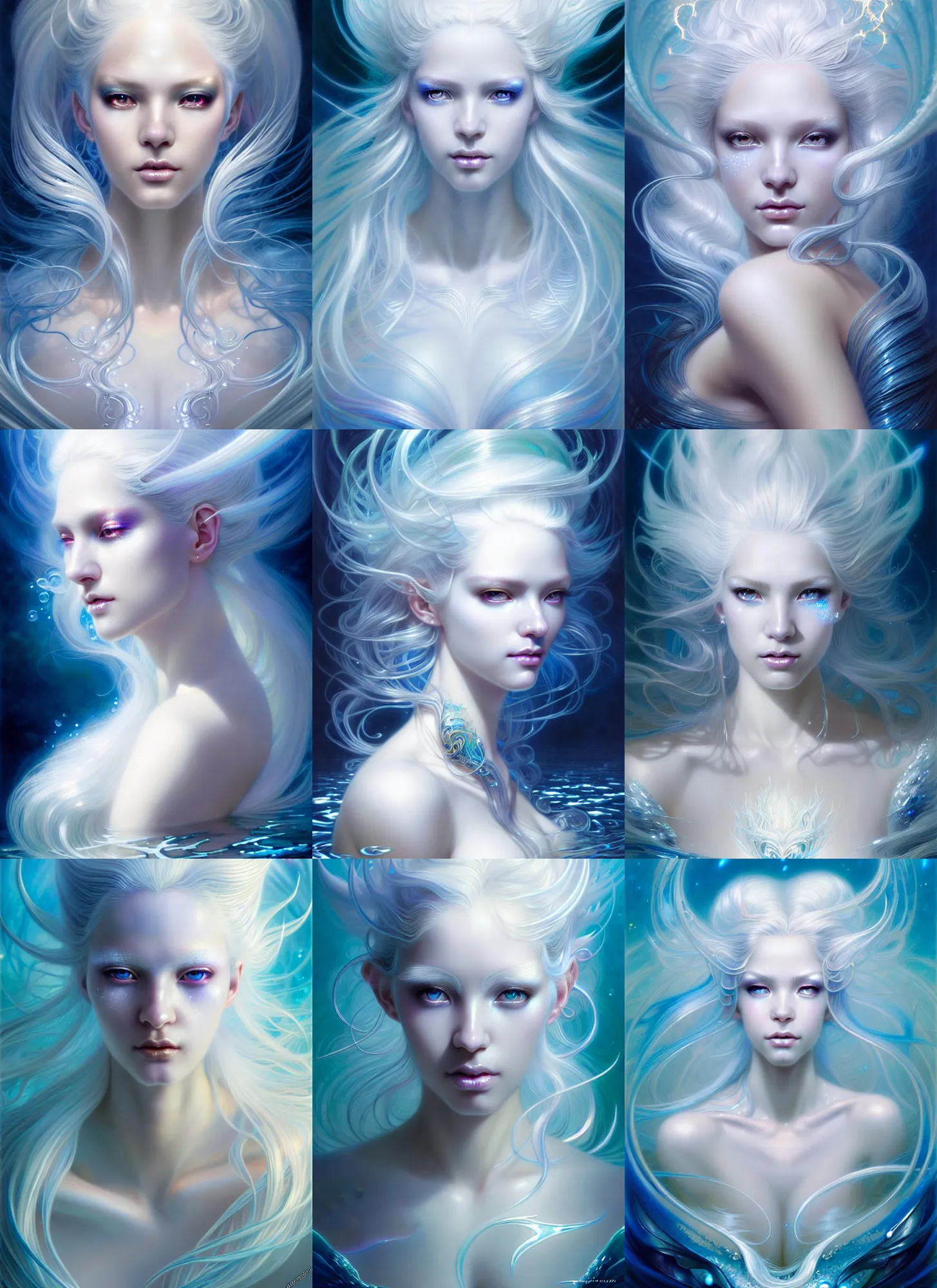 Prompt: ultra realistic beautiful glowing sparkling shimmering ethereal white hair submerged in water fantasy art portrait, elegant hair, complex design hair, ultra realistic, wide angle, intricate details, fantasy artifacts, highly detailed by peter mohrbacher, hajime sorayama, wayne barlowe, boris vallejo, aaron horkey, gaston bussiere, craig mullins