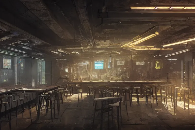 Prompt: ultra mega super hyper realistic Digital concept interior design of cyberpunk tavern with stone walls and neon lights, a lot of electronics, many details in style of Hiromasa Ogura and Josan Gonzalez. Natural white sunlight from the transperient roof. Rendered in VRAY and DaVinci Resolve and MAXWELL and LUMION 3D, Volumetric natural light