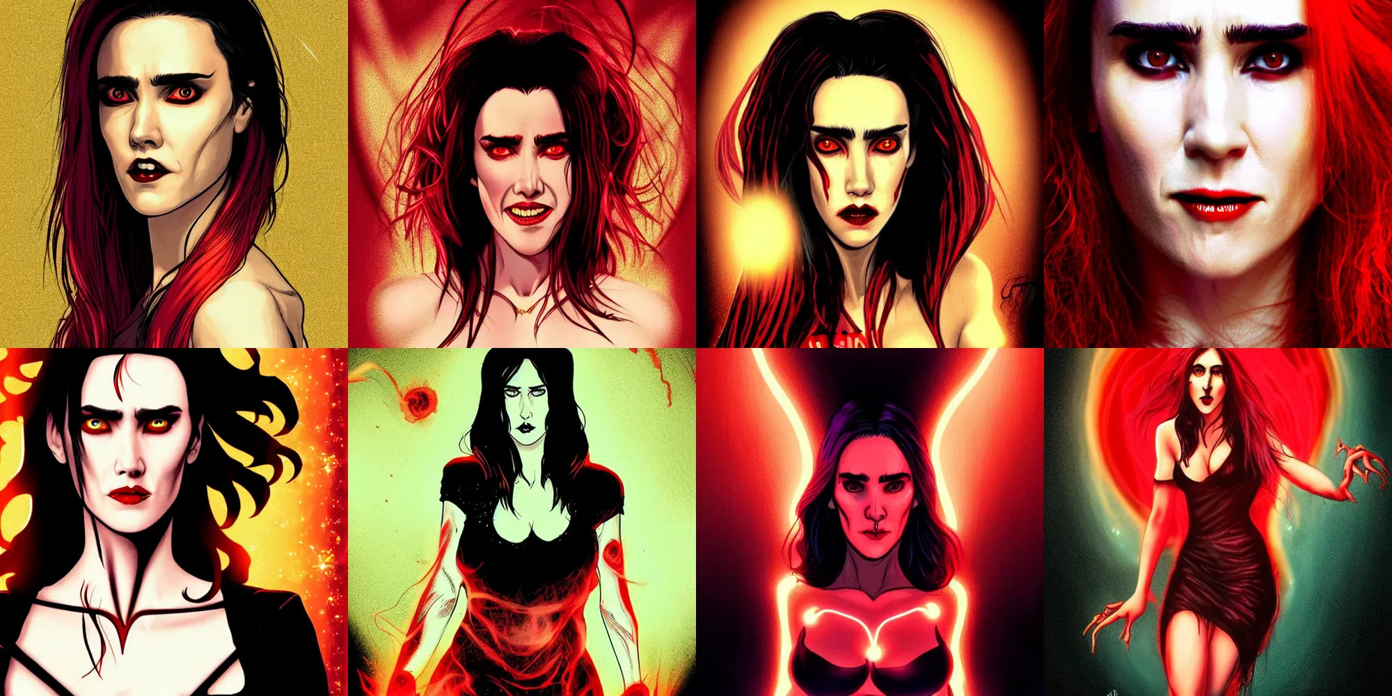 Prompt: beautiful scary female vampire, Jennifer Connelly, Rafael Albuquerque comic art, glowing red and gold hair, smiling, clear clean face, two perfect eyes, perfect eyes perfect symmetrical eyes, symmetrical face, sarcastic pose, dark and smoky background