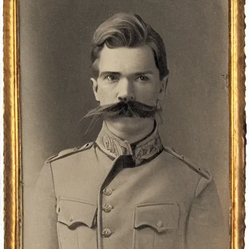 Image similar to late 1 9 th century, austro - hungarian!!! soldier ( handsome, 2 7 years old, redhead michał zebrowski with a small mustache ). old, sepia tones, detailed, hyperrealistic, 1 9 th century portait by emil rabending