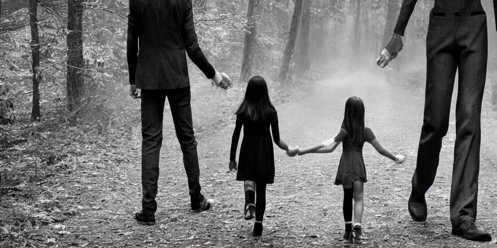 Prompt: Skinny tall cryptid slenderman holding a young girls hand, on a cellphone screen