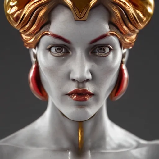 Image similar to portrait statue of evil gorgeous woman, made of white marble with gold, on the dark background, red splatters, hyper realistic, hyper detailed, by johannen voss and michelangelo, octane render, vivid colors