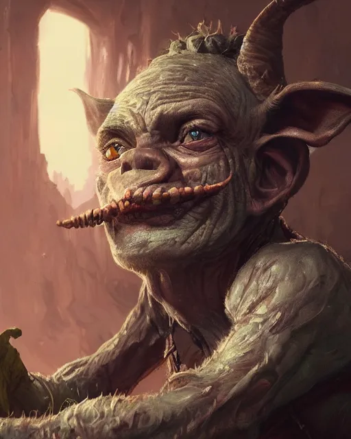 Image similar to A goblin merchant selling treasuries, highly detailed face, close-up, fantasy art, goblin art, in the style of greg rutkowski, illustration, epic, fantasy, intricate, hyper detailed, artstation, concept art, smooth, sharp focus, ray tracing