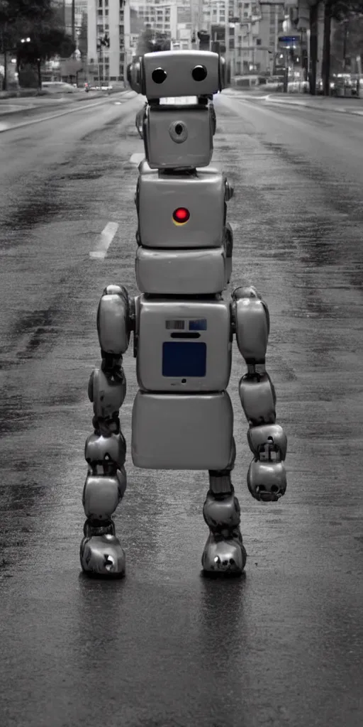 Image similar to robot on the road, city, photo, rain,