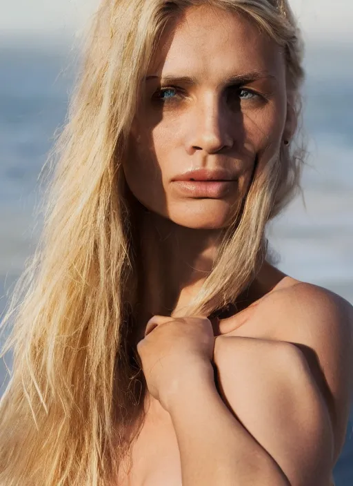 Image similar to photograph of an olive skinned blonde female model in her late twenties, her hair pinned up, wearing a designer top, looking content, focused on her neck, facing the camera, photo realistic, extreme detail skin, natural beauty, no filter, slr, golden hour, 4 k, high definition, selfie, by steve mccurry