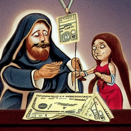 Prompt: Jesus Christ controlling banks with marionette strings, halo of dollar bills, political cartoon,