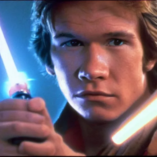 Image similar to A full color still from a film of a teenage Han Solo as a Jedi padawan holding a lightsaber hilt, from The Phantom Menace, directed by Steven Spielberg, 35mm 1990