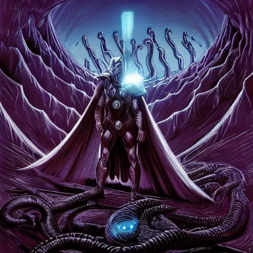 Image similar to Thor and the unspeakable eldritch horror in the plane of darkness and blackholes, 8k 4k in the style of Wayne Barlowe