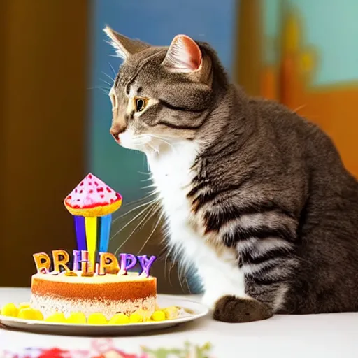 Prompt: photo of a funny cat celebrating his birthday with a cake. highly - detailed, award - winning