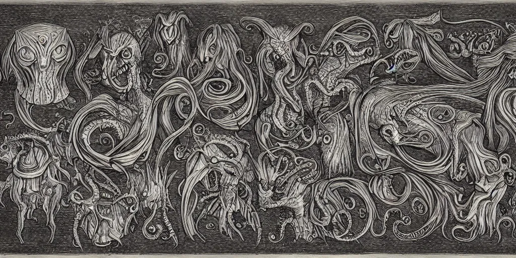 Image similar to detailing reference sheet of lovecraftian unnamed creatures in the style of copper plate etching