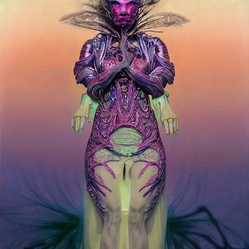 Image similar to bjork as a cyber creature from a parallel universe by alexander mcqueen, zdzisław beksinski and alphonse mucha. highly detailed, hyper - real, very beautiful, intricate fractal details, very complex, opulent, epic, mysterious, trending on deviantart and artstation, award - winning design