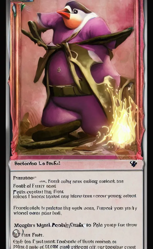 Prompt: mtg card trading, fantasy mtg card of Fat penguin with pink shocks, screenshot,4K HD