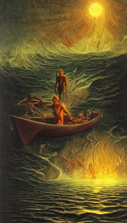 Image similar to man on boat crossing a body of water in hell with creatures in the water, sea of souls, by david a. hardy