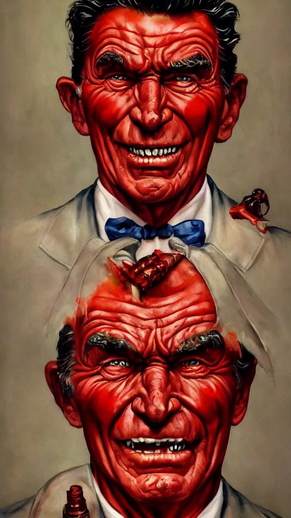 Image similar to demonic ronald regan with red horns, painting in the style of norman rockwell, 1 9 5 0 s, evil, satan, devil, demonic, demon, hyperrealistic, photorealistic, award - winning, 4 k, ultra hd, artstation, intricate, highly detailed, american, usa, dark, gritty